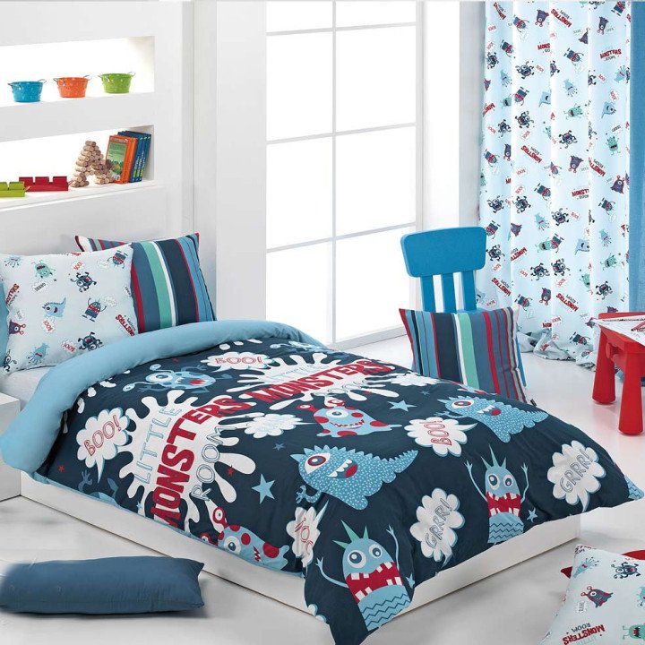 Housse de couette enfant MONSTERS – Imprimé amusant pour enfants – 70 % polyester, 30 % satin de coton – Lits 90 et 105